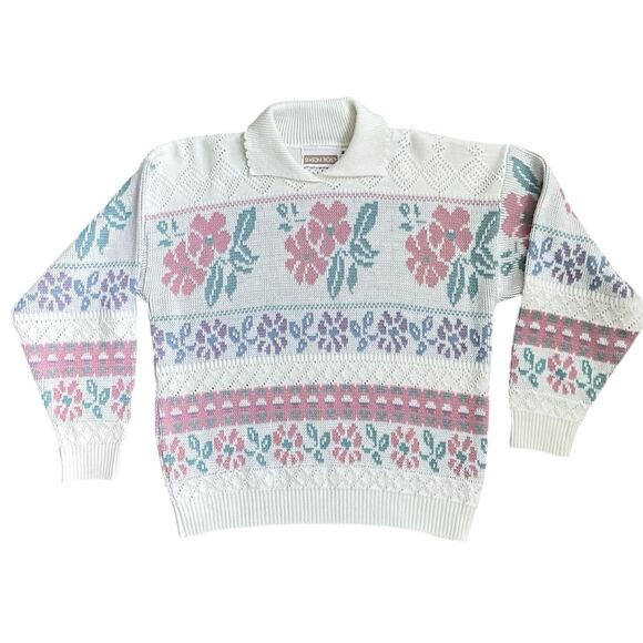 Vtg Season Ticket Floral Knit Sweater Women M White Pink Purple Green Made USA - Picture 1 of 10